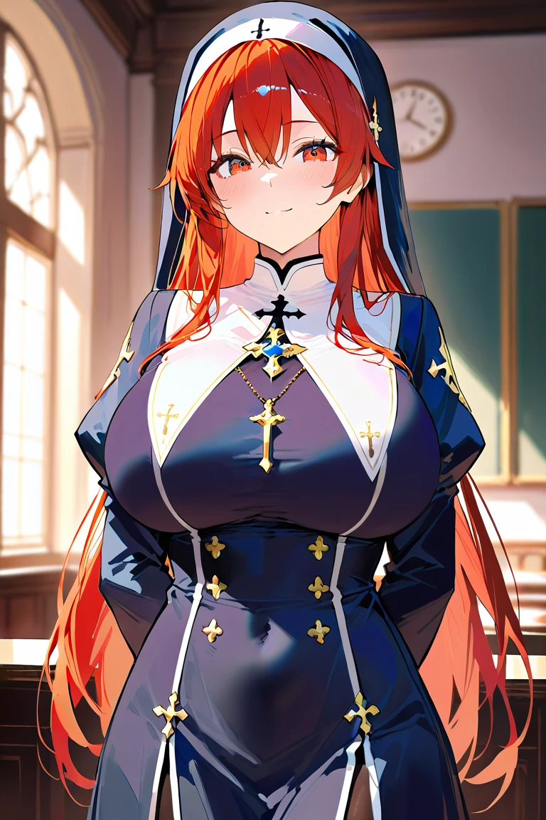 Anime girl, orange hair, sexy, nun outfit, full body shot, large breasts, 1girl, solo, in a church