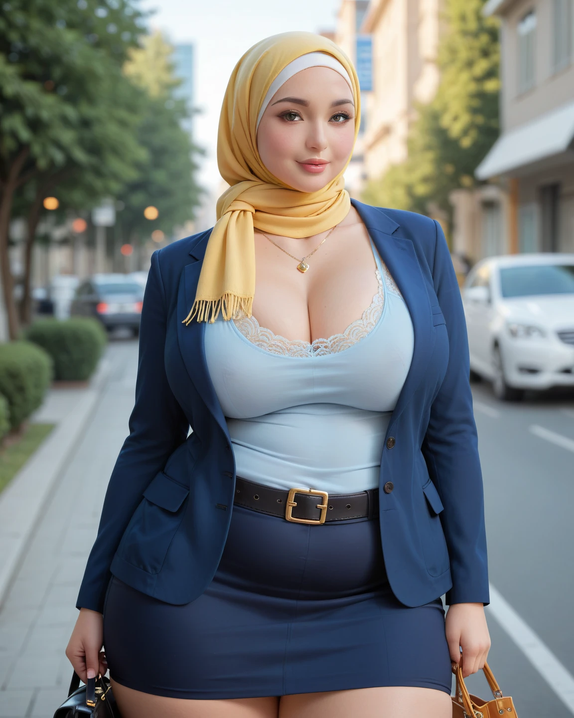 RAW, Best quality, high resolution, masterpiece: 1.3), beautiful Malay woman in full hijab,Masterpiece, perfect  fit body, big breast, Soft smile,thick thighs,muslim close up of a woman, wearing elegant black transparant casual clothes, pink long pashmina hijab, girl in sexy office suit, wearing a sexy cream blazer,blazer buttons are open, exposed wide from top to bottom, no bra the breasts are clearly visible in detail and the nipples are clearly visible in detail, cutout, short tight skirt, sexy pose,  afternoon walk, City garden, Excellent lighting, Bright colors, Clean lines