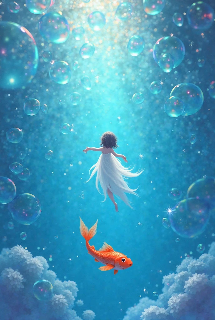 Cute watercolor fantasy illustration by Brian Kesinger, aesthetic, photorealistic, digital painting, highly detailed high resolution, Studio Ghibli, Anime Key Visual, Makoto Shinkai, deep color, intricate, 8k concept art, Glass effect, no background, stunning, something that doesn't even exist, cute girl traveling through a fantasy world, (goldfish fly around), energy, molecular, textures, iridescent and luminescent scales, breathtaking beauty, pure perfection, divine presence, unforgettable, impressive, breathtaking beauty, Volumetric light, auras, rays, bright colors reflected <lora:watce-sdxl-v2:1> watce
