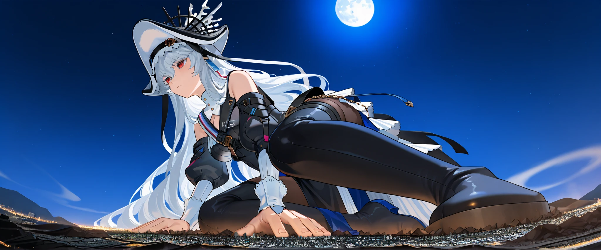 score_9_up, score_8_up, score_7_up,face down,Hands on the ground,makes your feet flap, Scattering Rubble ,Soaring rubble, specter_unchained, black headwear, hat, hat ornament, black dress, cleavage cutout, shoulder strap, long sleeves, detached sleeves, pelvic curtain, black pantyhose, black footwear, thigh boots, bare shoulders, (giantess:1.4), microcity, 1girl, solo, collapsed city, Outdoors, Night Sky, moon, night, (from below), masterpiece, best quality
