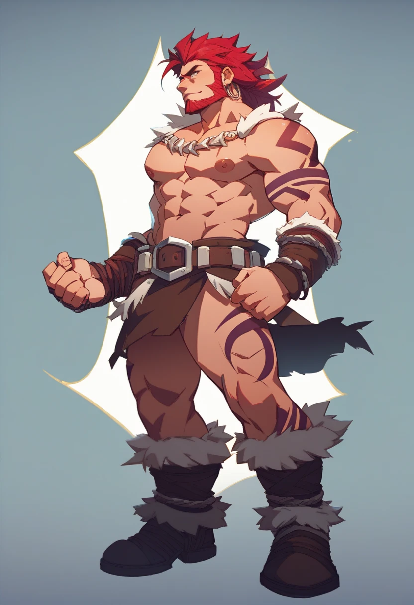 masterpiece, (photorealistic:1.4), best quality, beautiful lighting, prefect face, ((1man)), Bushy beard, black background, blue eyes,Primitive humans, muscles, animal hair on the shoulders, bone horns, orange hair, anger, abdominal muscles, thigh muscles, animal skin boots, animal skin on the waist, RAW photo, 8k uhd, film grain 