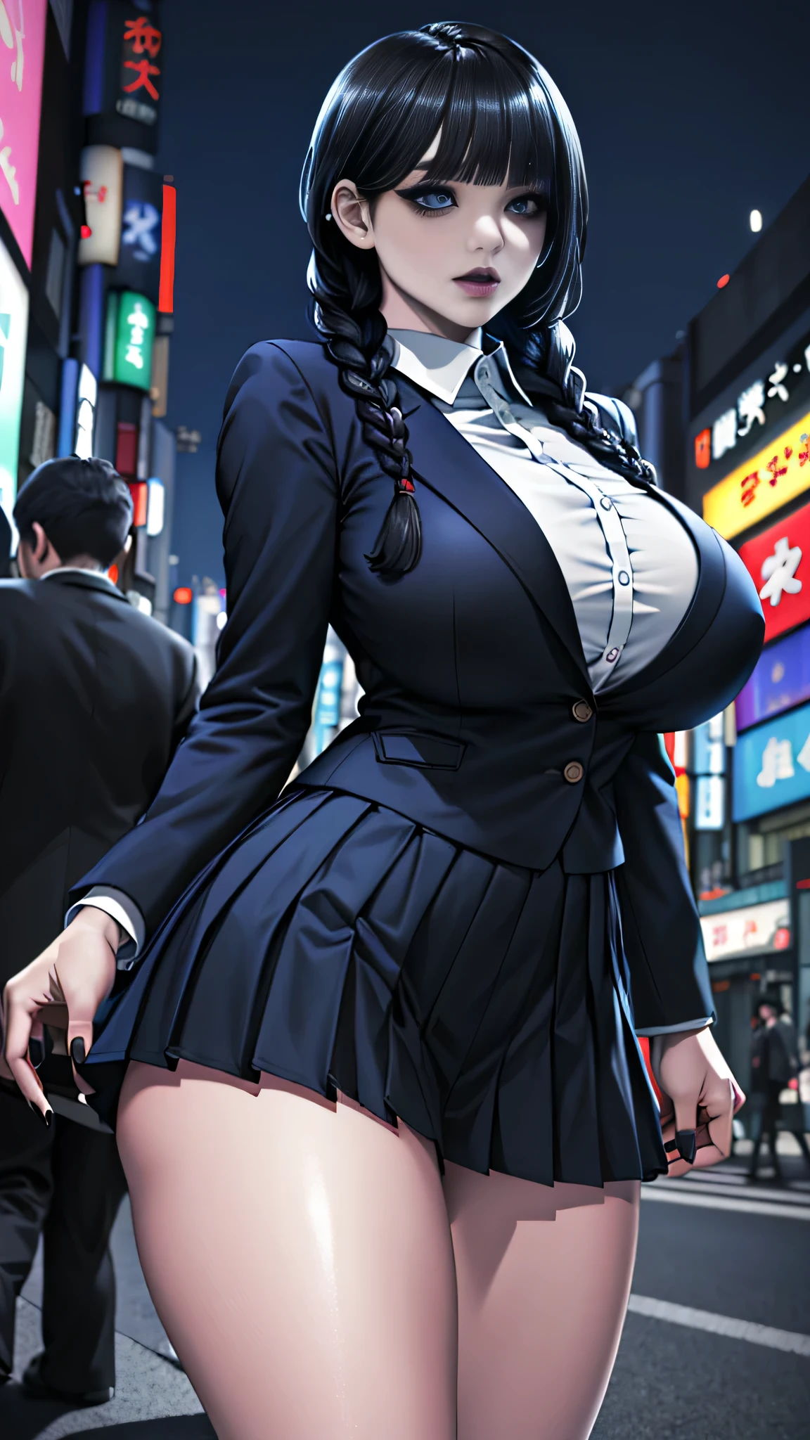 super fine illustration,masterpiece,ultra high resolution , best quality, accurate human body,Perfect proportions,all Super Details,Anatomically correct,(((From the thigh up,shiny skin,sharp face,clear eyes,pale_skin))),(Natural Skin Texture ,Beautiful skin),intricate details,Extraordinary Beauty, 1 woman,adult woman,25 years old,Wednesday Addams,((extremely cute and beautiful face:1.2)),(beautiful detailed blue_eyes:1.5),(((gigantic breasts,hourglass_figure,voluptuous_body,big eyes,Eyelash extensions,long lower eyelashes,very_long_hair,nape))),(black_hair,blunt_Bangs,braids,ear piercings:1.6),(innerwear,dark blue blazer,outerwear,white collared shirt,dark blue pleated skirt,tai,goth makeup,black eyeliner,black eyeshadow,Black nails,black panties,black mascara:1.3),(outdoors,standing,Tokyo,Kabukicho,night,crowds:1.5)