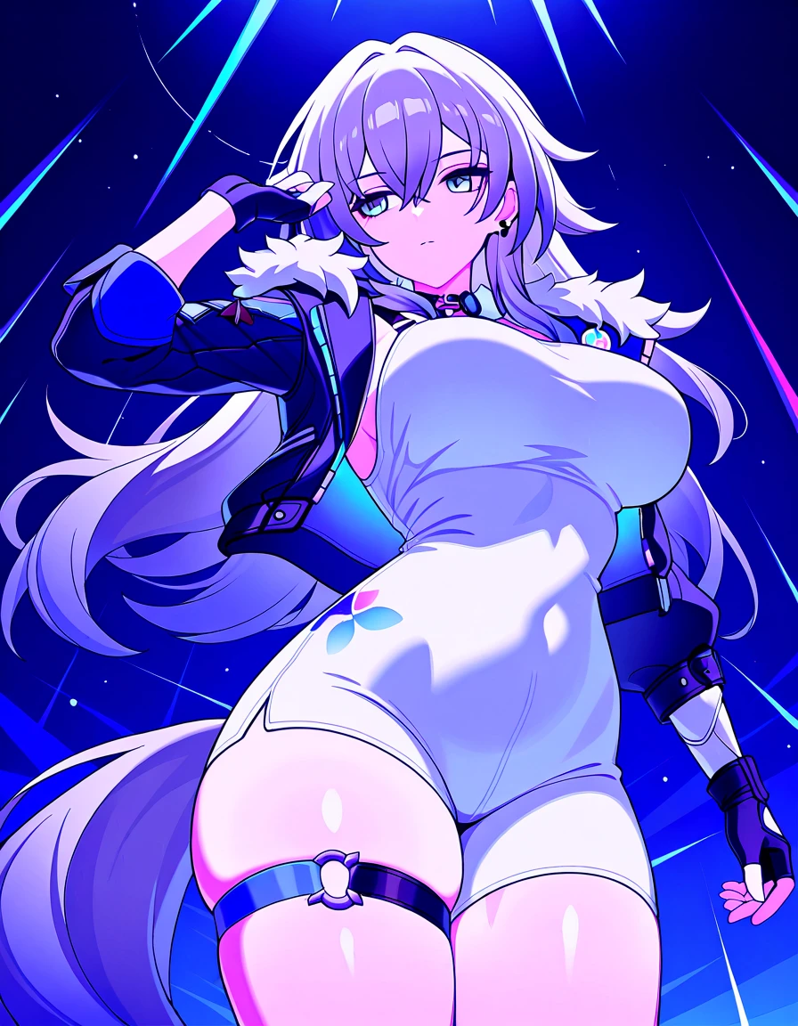 (masterpiece), best quality, expressive eyes, perfect face,1 girl, short spiky white hair, purple eyes, with bunny ears, star hair clips, white hoodie with a purple line in the middle, black panties, sexy socks, with bunny tail, flushed, ((big boobs))