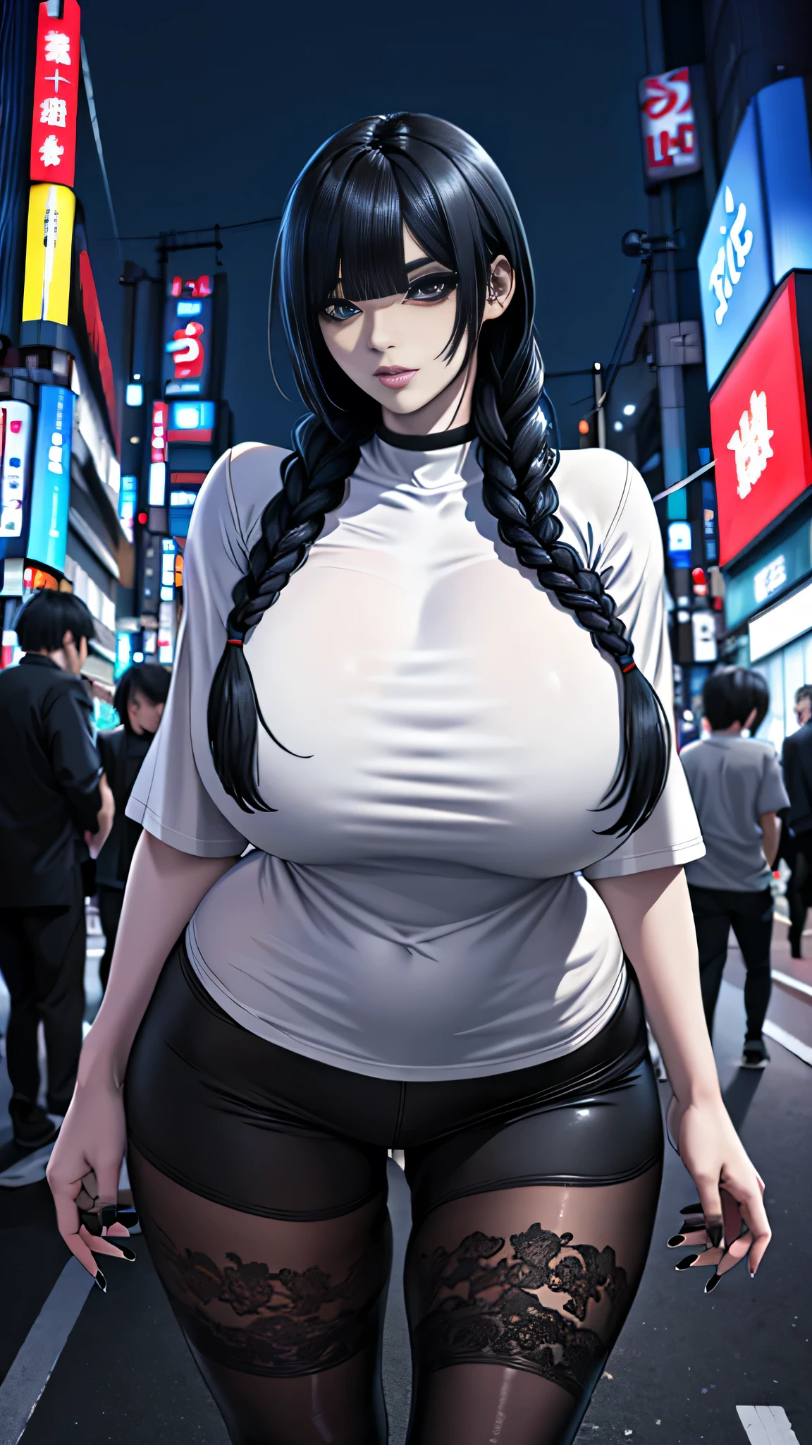 super fine illustration,masterpiece,ultra high resolution , best quality, accurate human body,Perfect proportions,all Super Details,Anatomically correct,(((From the thigh up,shiny skin,sharp face,clear eyes,pale_skin))),(Natural Skin Texture ,Beautiful skin),intricate details,Extraordinary Beauty, 1 woman,adult woman,25 years old,sadako,((extremely cute and beautiful face:1.2)),(beautiful detailed blue_eyes:1.5),(((gigantic breasts,hourglass_figure,voluptuous_body,big eyes,Eyelash extensions,long lower eyelashes,very_long_hair,nape))),(black_hair,blunt_Bangs,braids,ear piercings,oversized:1.6),(long_t_shirt,goth makeup,black eyeliner,black eyeshadow,Black nails,black mascara:1.3),(outdoors,standing,Tokyo,Kabukicho,night,crowds:1.5)