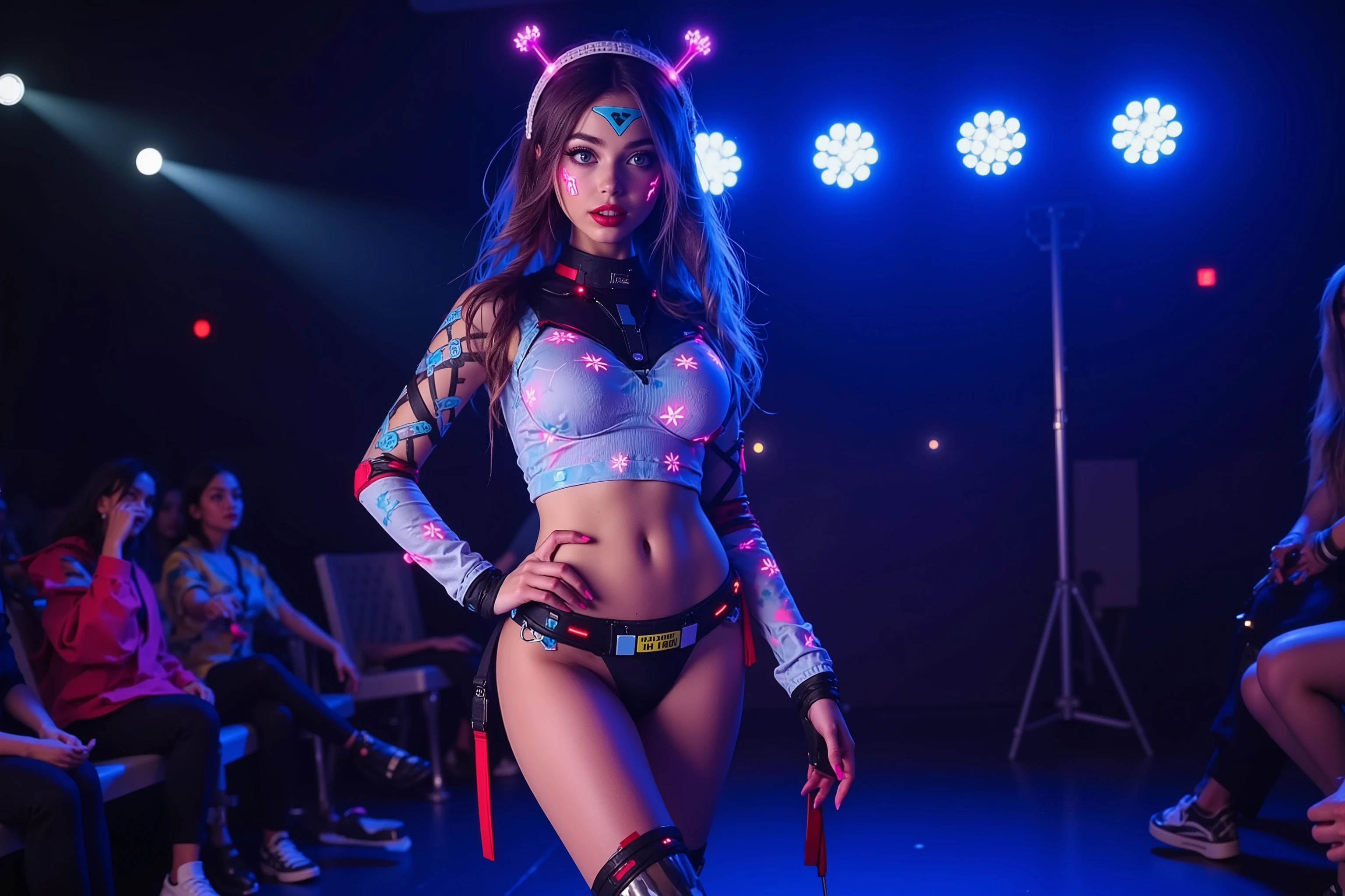 cute woman wearing (sexy sectional Sailor Moon inspired outfit with matching neon high lights, sci fi short boots glowing, utility belt, electronic hairband with antenna, matching glowing star sparkle body paint), she is a fashion model in the spotlight, the crowd is in shadows