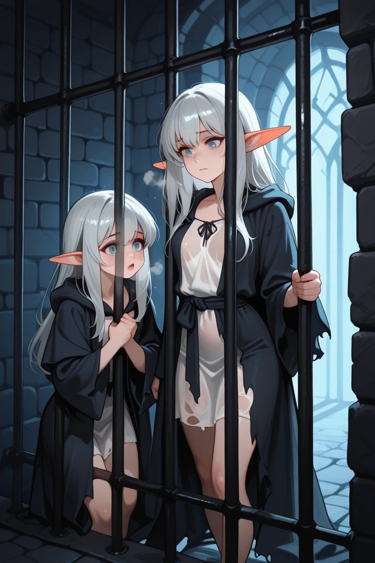 silver hair elven twins (two girls), messy hair, dusty hair, small body, hands tied with rope, neck tied with a chain, with long pigtails, kneeling , inside of a cage with large iron bars, In a gray simple peasant dress, short dress, and dirty dress and torned apart dress,, dress lifted and scratched and damaged, wet dress, no top, undressing, fearful expression,, crying eyes and expression, showing pointy teeth, pointy ears. (only two girls), bruises on the body and her faces, blood stains in the clothes