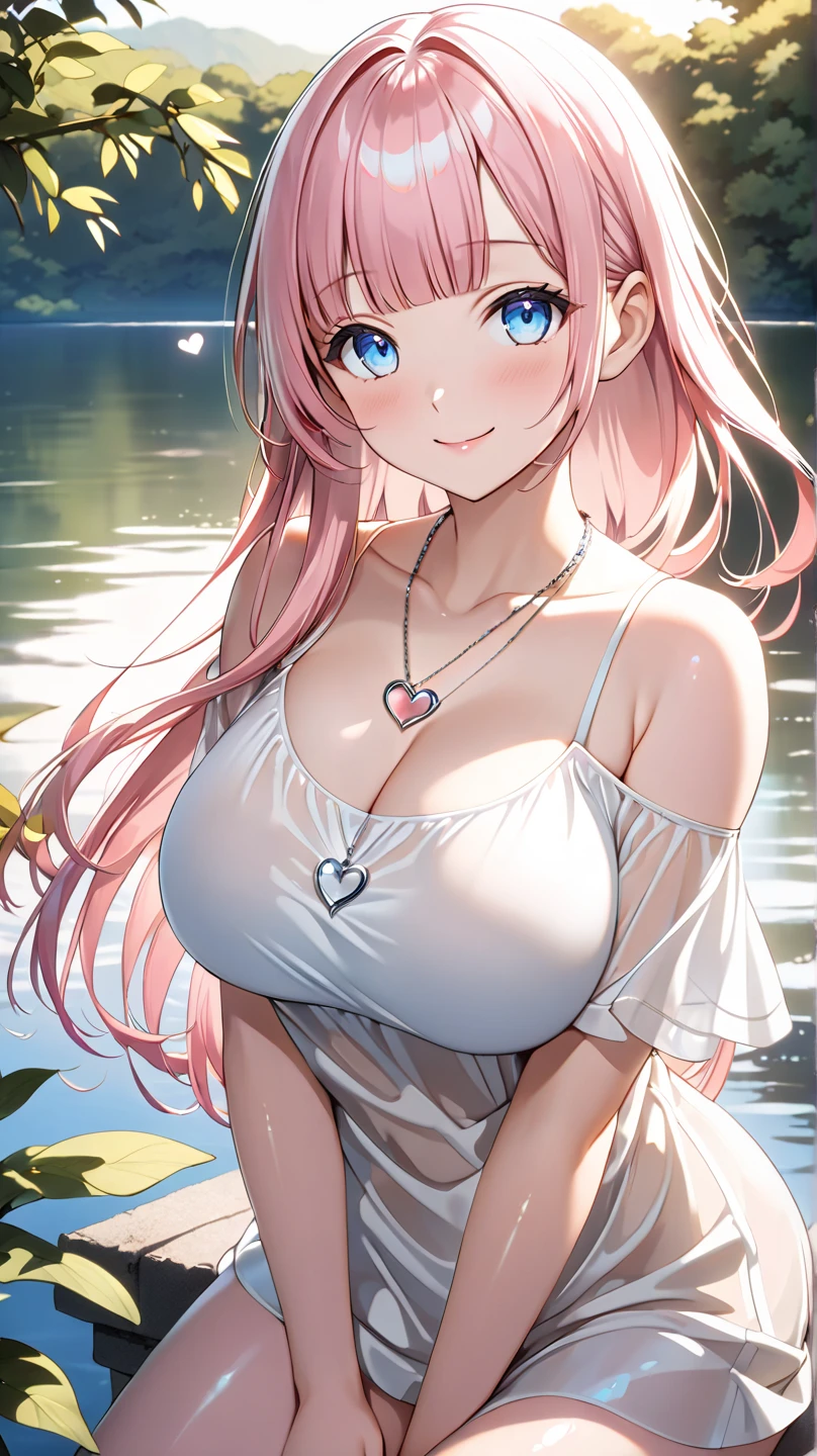 1woman,Sit on a boat,on the lake, looking away,blue eyes,Beautiful makeup, long eyelashes,early in the morning,stunning,half body photo, very detailed face,cute,,HD face, perfect face,Short white dress, pink cardigan,very big breasts,Blonde hair,blonde hair,bangs,long hair, straight hair,ultra detail,ultra Hd, masterpiece,4k