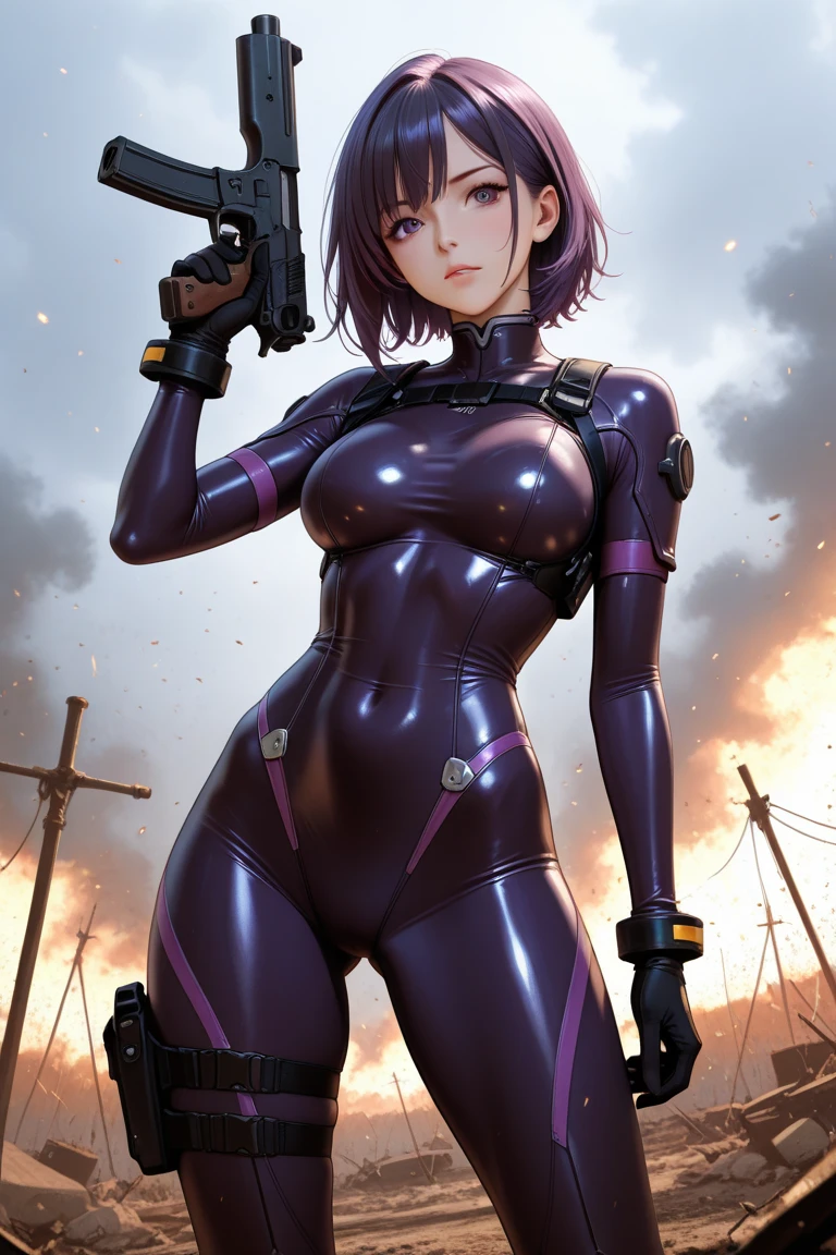 Create the image of a humanoid robot with a military appearance. It has two antennas and a slender build, with silver color and details in olive green and purple. The scene is set in a military base in the near future, with other robots nearby. The humanoid robot is standing in an anime style, reminiscent of Masamune Shirow's work and 'Ghost in the Shell', with elements of 'Overwatch' style. The image should be in 4K resolution, resembling anime from the 2000s, highly detailed, with a focus on intricate details, high quality, enhanced editing, dynamic action pose, and an anime aesthetic.
