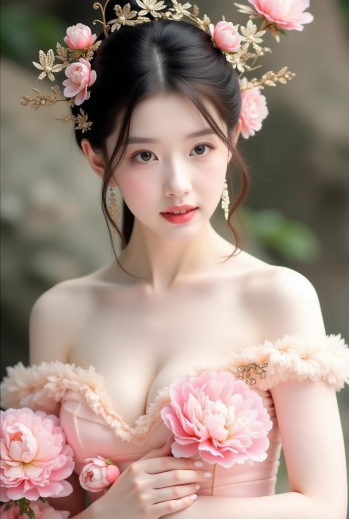 The image, imbued with a film grain texture,The full-body photograph captures an East Asian woman in ancient Chinese attire, exuding an ethereal presence. She is adorned with a peach blossom hair accessory, complementing her delicate makeup and porcelain-like skin. Her expressive eyes and serene gaze convey a sense of tranquility. A gentle breeze playfully animates her hair, adding a dynamic touch to the image. She is draped in sheer fabric with intricate gold and orange patterns, further adorned with fine jewelry that accentuates her elegance. The soft, diffused lighting and the neutral background focus on her grace and the intricate details of her attire, telling a story of cultural heritage and timeless beauty. This photograph stands as a remarkable representation of traditional fashion photography, celebrating both the aesthetic and the narrative power of the image.