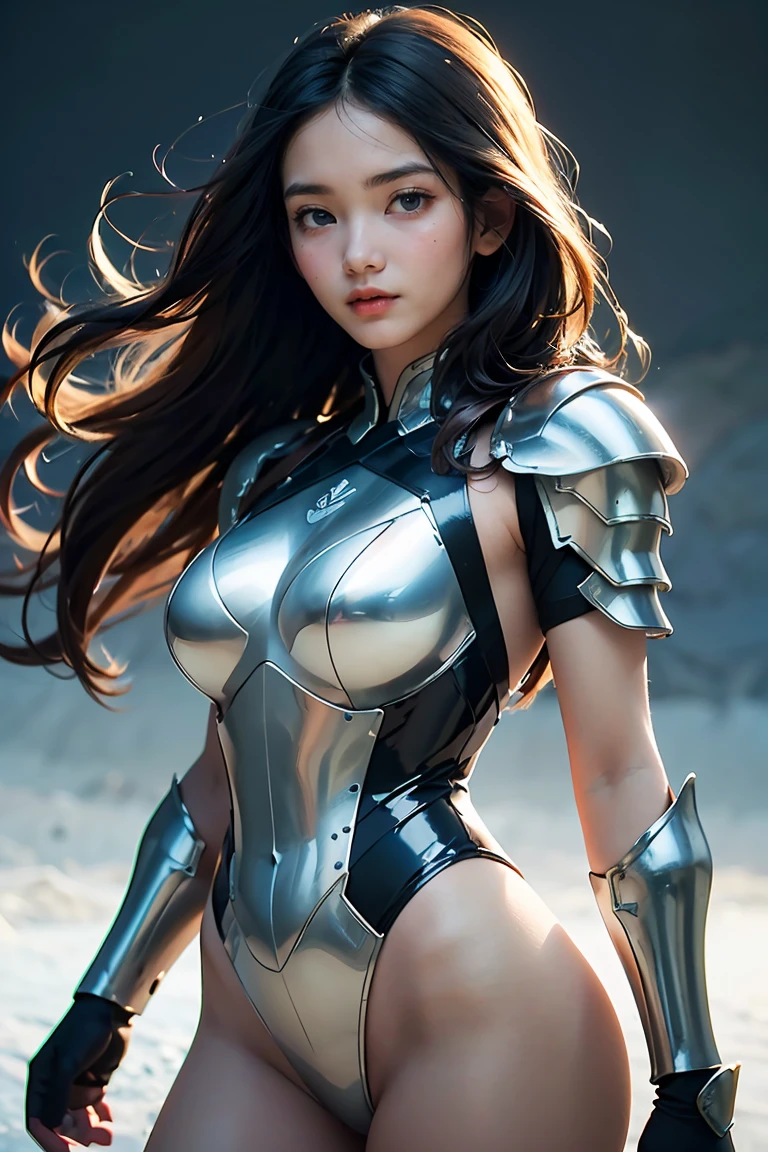 japanese girl head, shoulders, chest and belly. robot arms, hips and legs, metal bra with cleavage and flat belly, shoulder armor, hip armor, extremely pretty and feminine, , slender figure, full hips, sharp image, gallery quality, illustration, award winning, highest quality, bokeh, science fiction background, fantasy, RGB glowing trim on outfit, detailed shadows, intricate robotic details, detailed hair, hair blowing in wind, dark brown hair