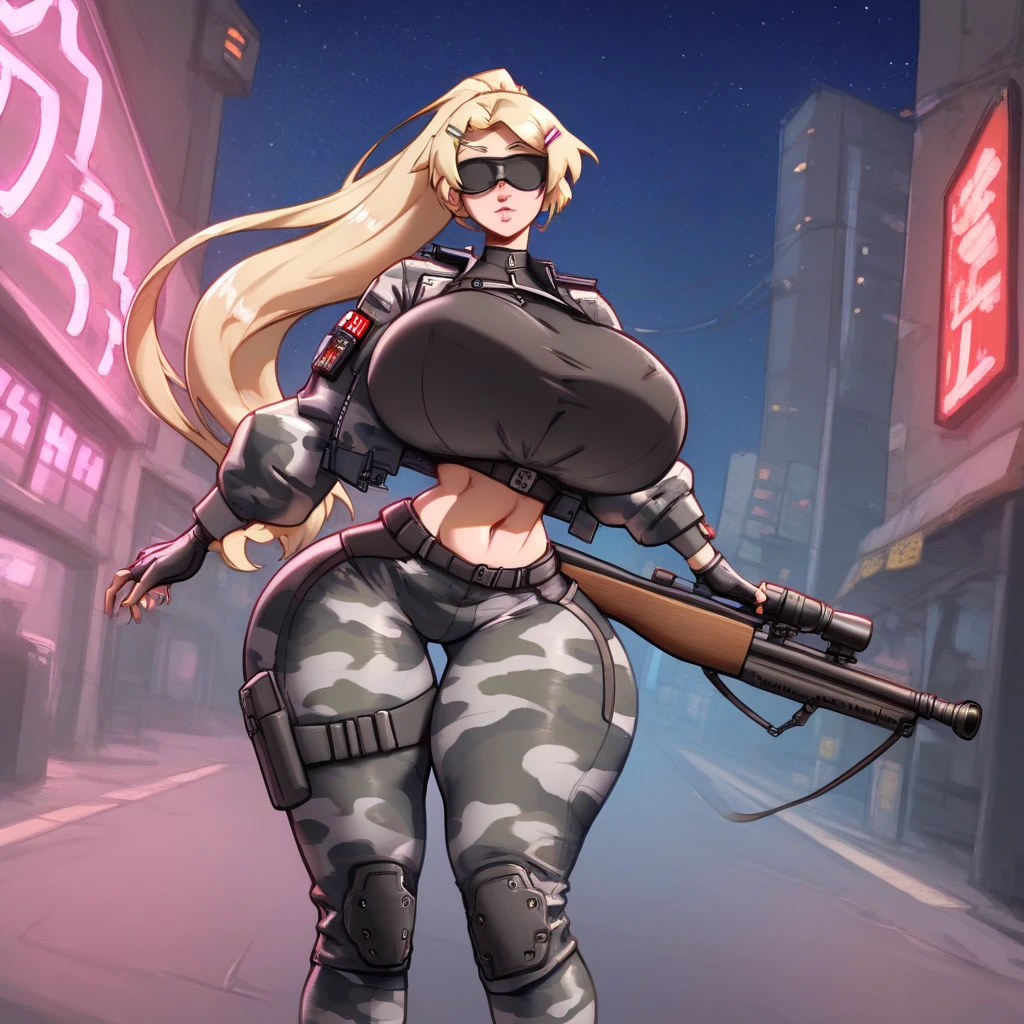 (best quality,masterpiece:1.2),solo,female,large breasts,mercenary,blonde hair,tan skin,young, full body