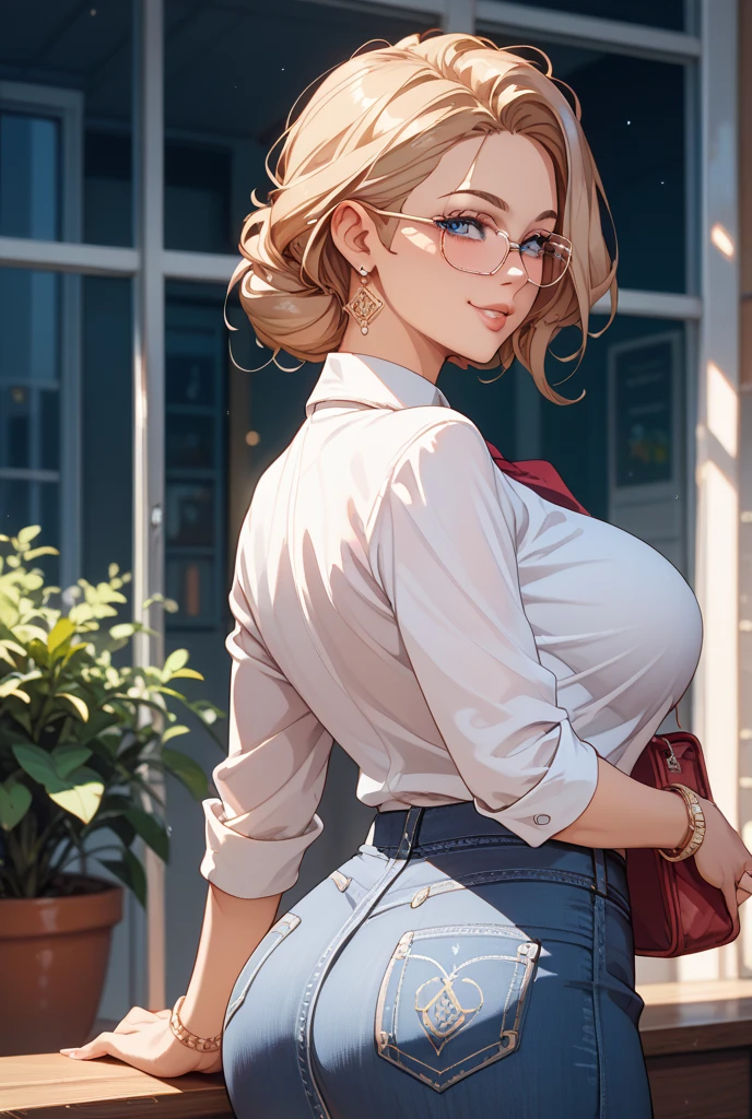 Blonde girl with light eyes with glasses and hair up., busty in a white sweater and tight black jeans, also culona and in the background some buildings