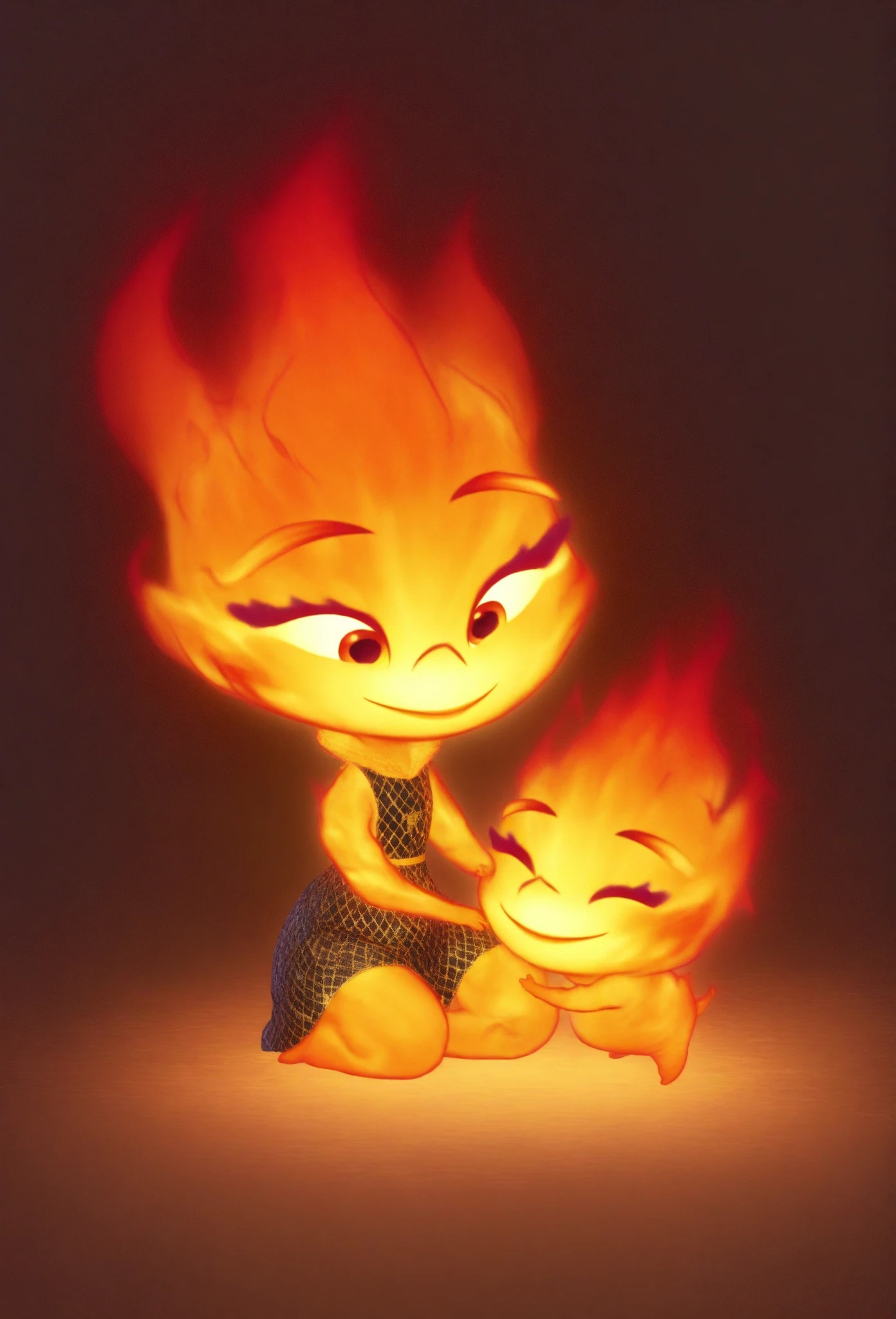 concept art of ember lumen, pregnant ember lumen, half body portrait, closeup to pregnant belly, fire flame belly of amber lumen concept art, blue background