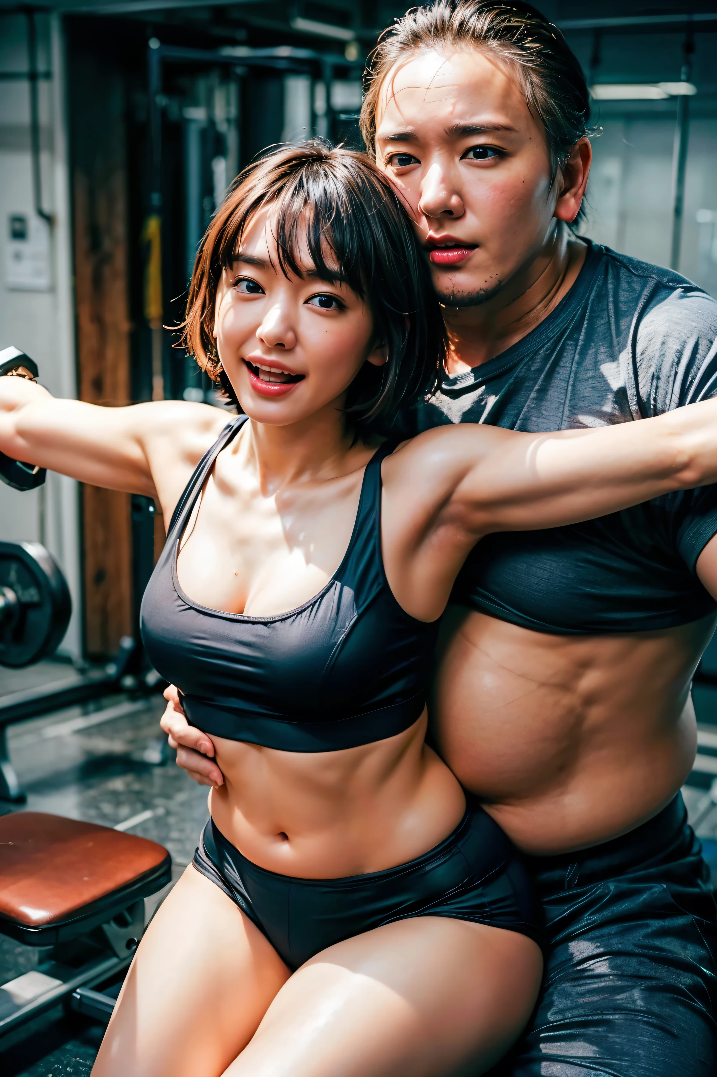 (The 8k quality, Ultra-high-resolution quality, Ultra high definition, Photorealistic, Best Quality):1.5, (masterpiece):1.4,
(camera angle from front view):5.0,
(in the beautiful gym, 1 man and 1 woman working out at the gym, intercourse time):10.0, (beautifully shaped overweight middle-aged man is hugging her tightly from her behind in gym, hug from behind):12.0,
(beautifully shaped bewitching slender woman lifting a barbell in the gym, rising both arms to lift barbell, grabbed breasts from behind, sitting bench):10.0,
(tight tanktop, tight training pants):15.0, (screaming face, feeling orgasm face, flushed cheeks, medium build, medium height, small breasts, cleavage):3.5, (forehead, short cut hair, black color hair):6.0,