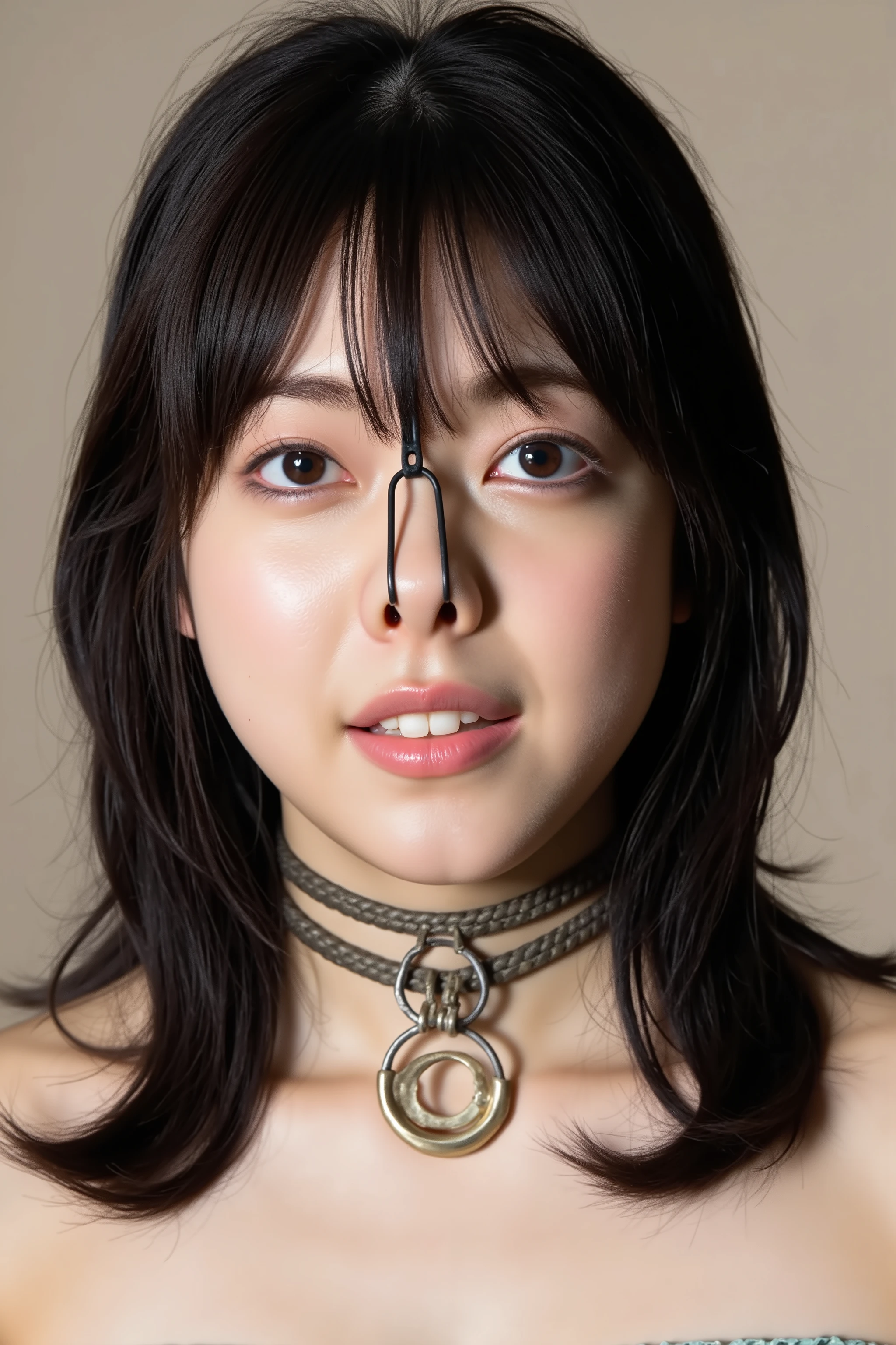 A high resolution photograph of a young Japanese woman, masterpiece, photo-realistic, natural lighting, film grain, portrait, fashion shoot, solo, 1girl, off-shoulder dress, black hair with blunt bangs, tilted head, detailed face, detailed eyes, beautiful pupils, sophisticated nose, pale skin, fine-textured skin, full smile, dimples, pet-collar with a tag, earrings, jewelry, (nose hook with chain wrapped around top of her head, nose hook makes her nose look like a pig snout, hooking in her nostrils:1.5), (portrait, front view, view from below, facing up, chin-up, face focus:1.4), close-up of face, simple background,