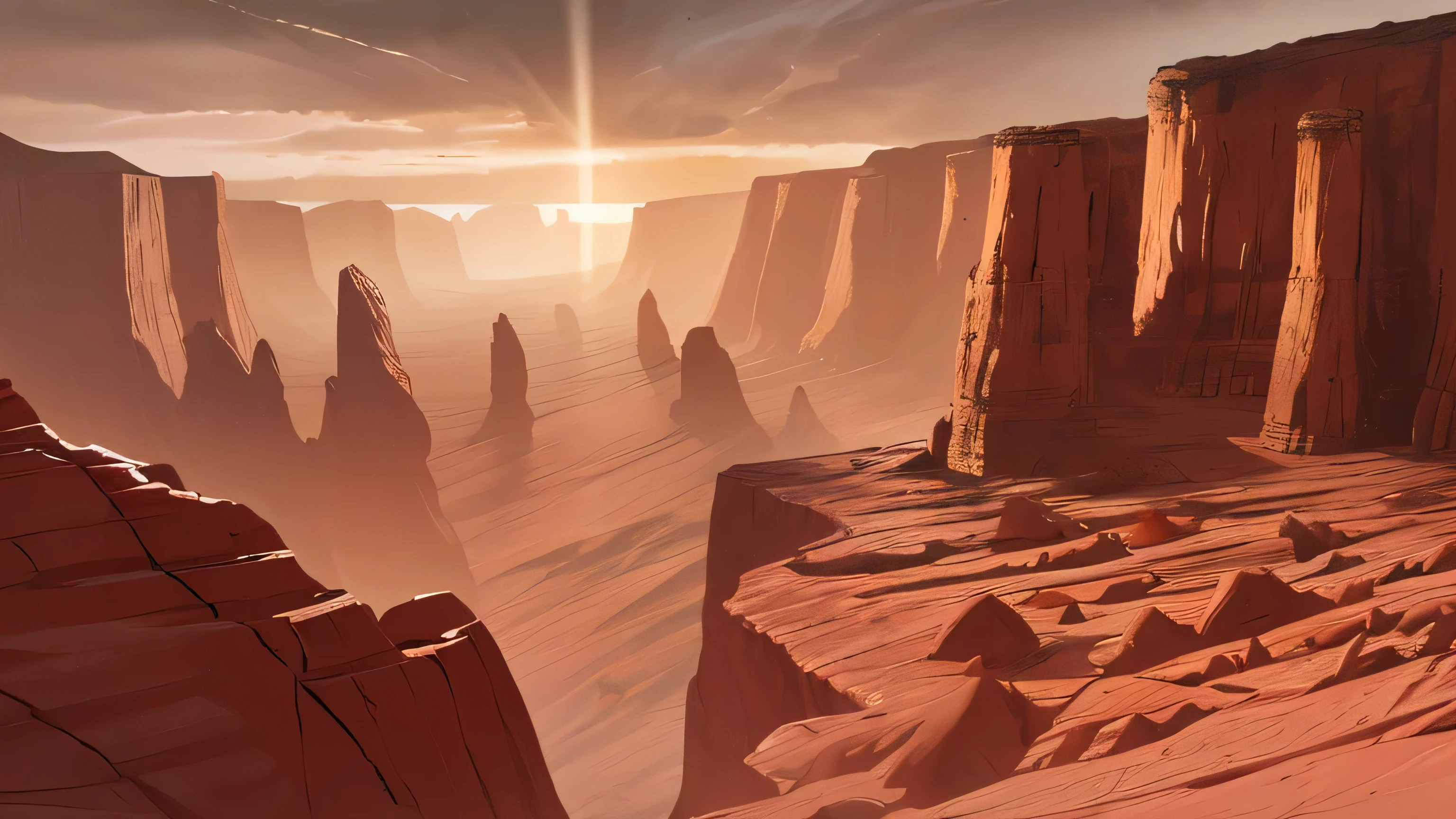 A narrow canyon in a desert, scrub bushes and an occasional cactus. String wind blows sand and dust in the air. A stream. Red gold sunset.
High Contrast, High Saturation, Highly detailed, high quality, masterpiece, ethereal, particle effect, (dust, gust of wind:1.07), volumetric light, light rays, gold filigree, vibrant colors, depth of field.
<lora:landscapes-6-2023-04-27-120356-6faaedf2:0.5>
<lora:snowlight:1>