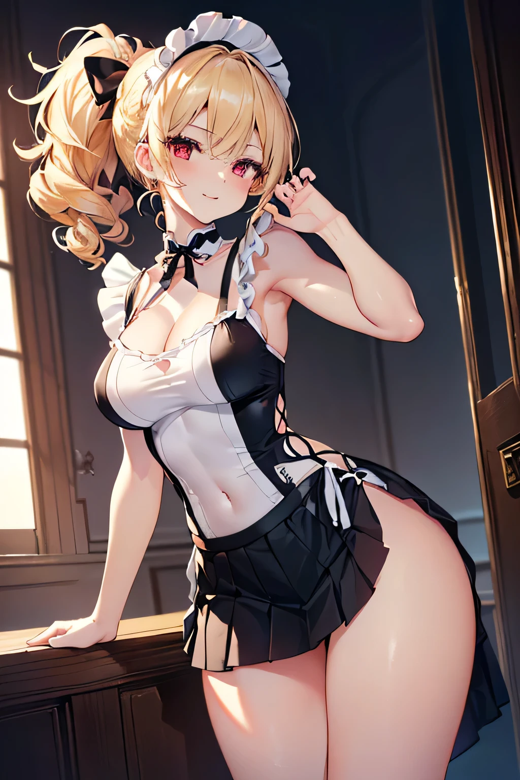 a lonely girl, With curves, fantasy costume, mini skirt, its good, black ribbon panties, showing naked breasts, showing panties, naked torso, Nice smile