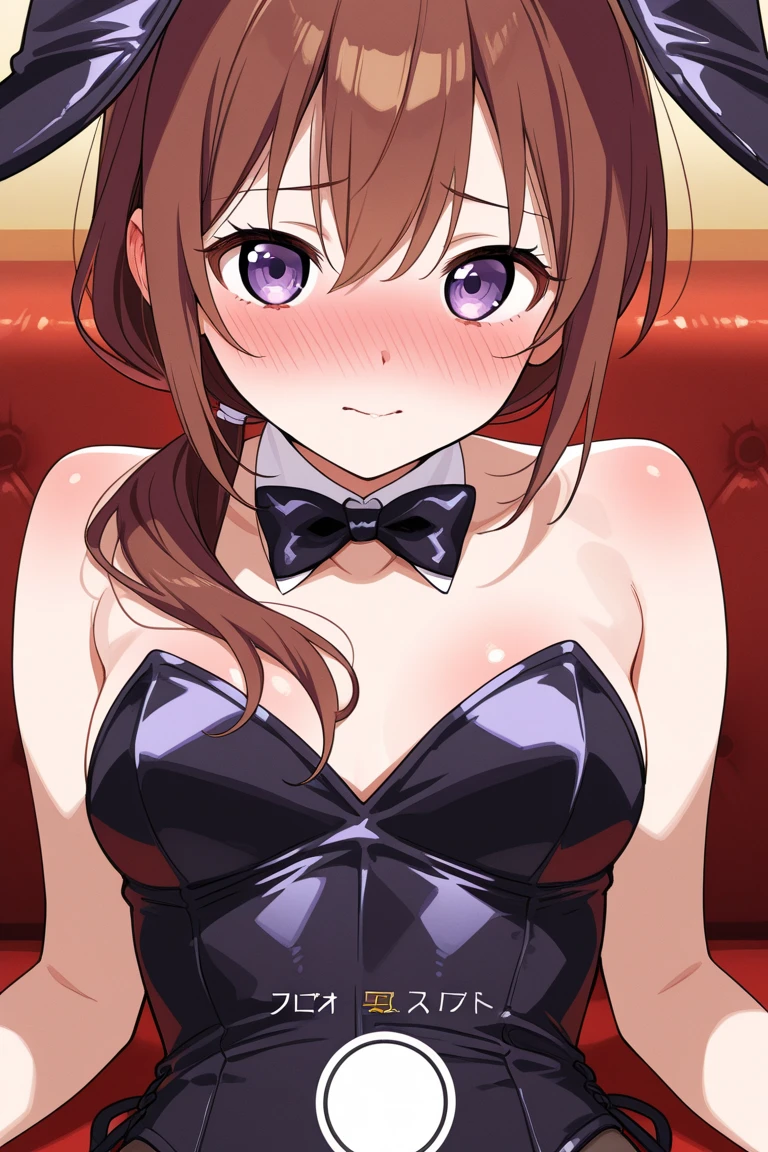 1girl, evil neuro-sama, (yuzu modoki), red eyes, light brown hair, ahoge, two side up, hair ribbon, dark red ribbon, heart hair ornament, (masterpiece, best quality), highly detailed, finely detailed, indoors, playboy bunny, rabbit ears, rabbit tail, detached collar, bowtie, wrist cuffs, leotard, cowboy shot, looking at viewer, tongue out, open mouth, wet, steam,