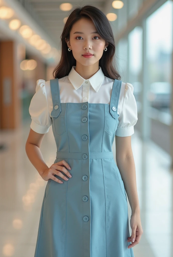 her name is Asako, high quality, 1girl, ((20-year-old fit Caucasian woman)), ((20 years old)), ((slim)), ((Fishtail Braid hair)), pose: standing, wearing stylish fashionable Generation-Z modern wear pastel colored, BACKGROUND: "In the Esplanadi Park, a green urban space with beautiful statues and lively street performances."