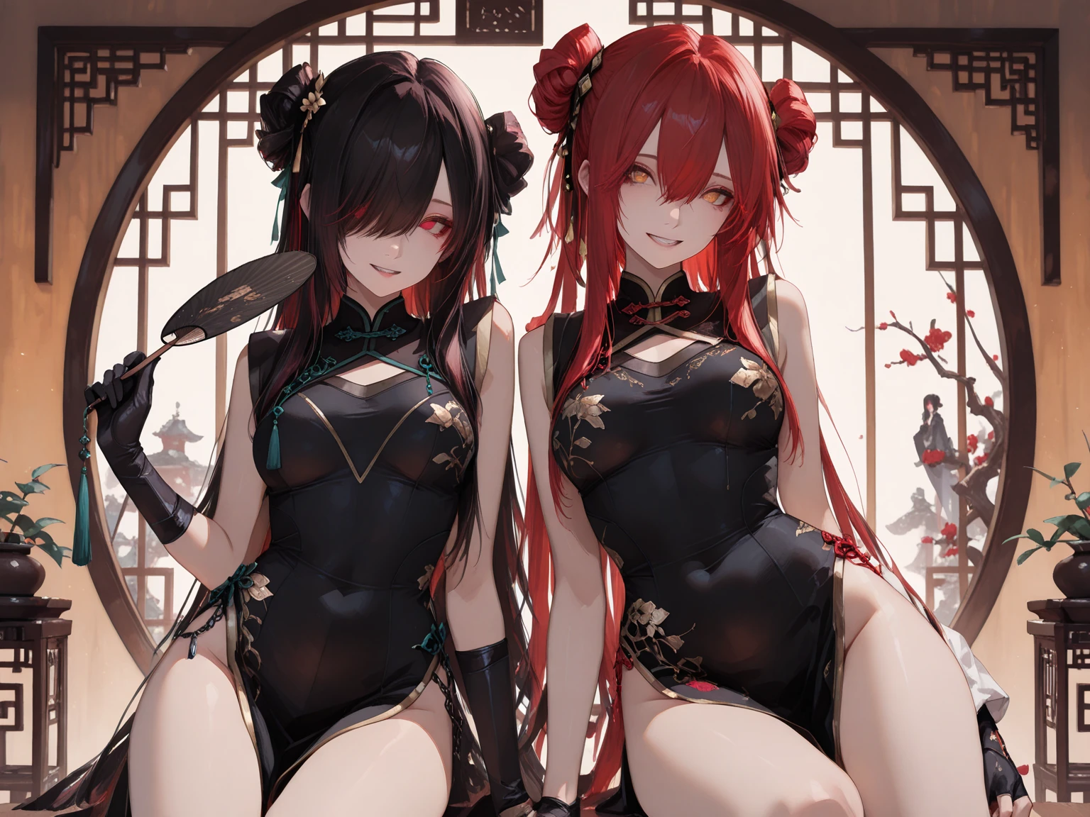 ((masterpiece,Best quality)),2 naked girls, black stockings, black hair, Cherry blossoms, day, flower, lock of hair, long hair, I look at the viewer, looking back, several girls, average good, heart, thin body, on open air, Red eyes, Red hair, tape, sandals, single lock of hair, ladder, standing, statue, tory, tree, naked, yellow eyes