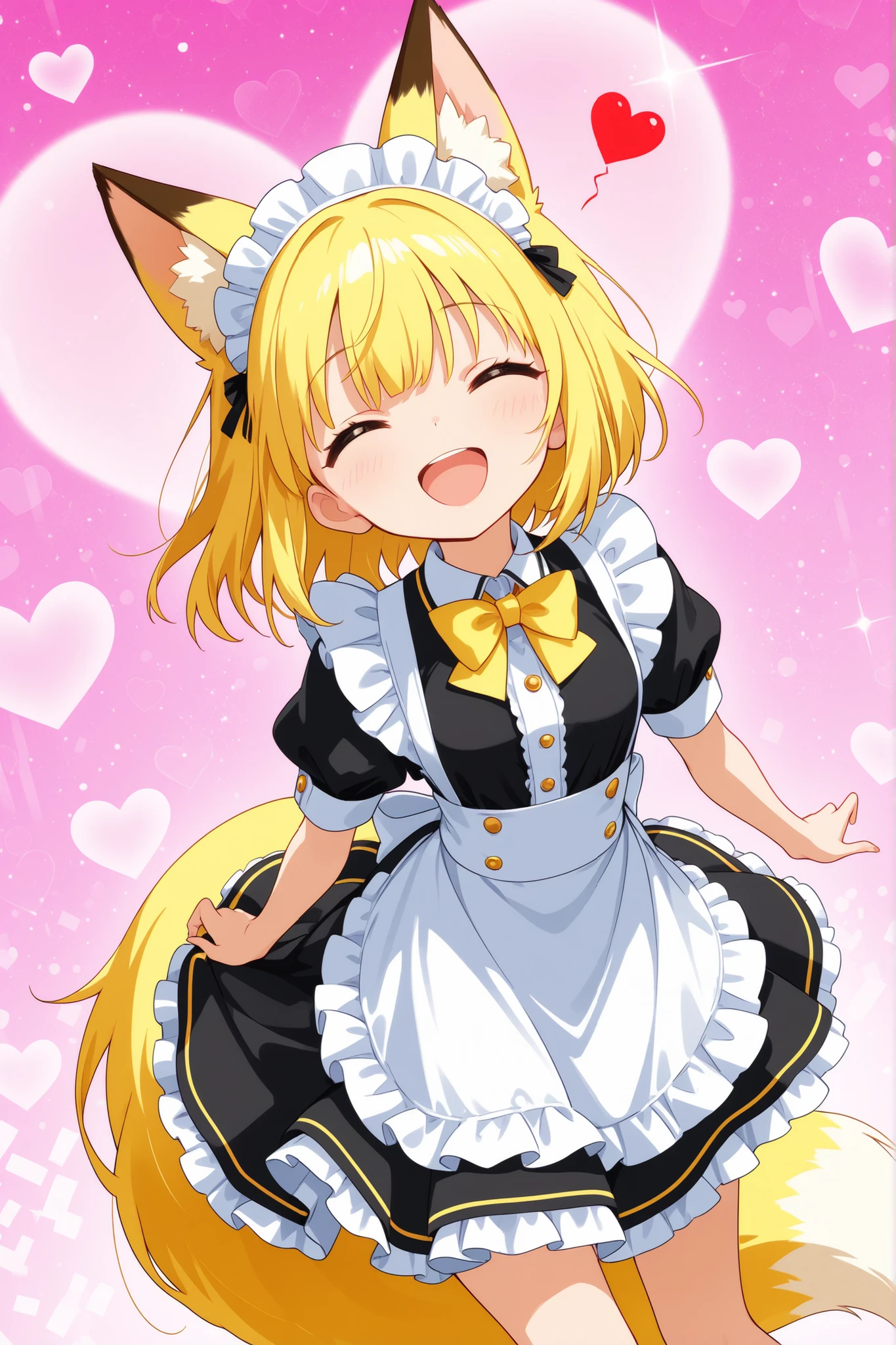 (masterpiece, best quality), (colorful),one girl, fox ears,fox tail,long yellow hair,Yellow Ime, best smile,and open the mouth,heart background, cute maid,ruffled maid clothes, super precise illustration, High Detail , dynamic angle, beautiful detailed, 8k, (high resolution), anime style,cute,Make a heart with your fingers,winks at the end, clean and clean ,lens flare on the back,viewers,