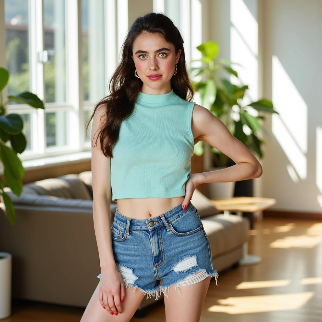 A realistic picture of a 20 year old slender girl. She wears a mini-skirt, a blue top and trainers. Full body view.