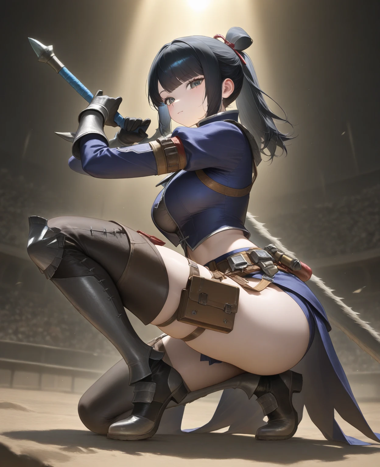 sexy athletic girl, ninja, flat chest, wide hips, big ass, wide pants side open, crop top sideboob, off shoulders, wavy long scarf, covered mouth, panties straps, bend down, serious look, dark hair tied, light armor, katana