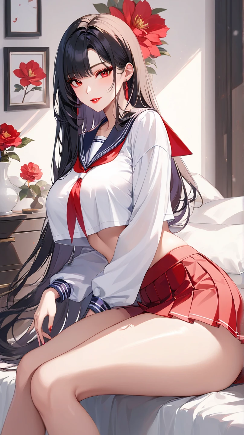 A woman with big ,ahegao,Black long hair,Exquisite,Charm,Red ribbon,((transparent))Sailor Suit,Slim waist,blush,bedroom,A cute daughter,