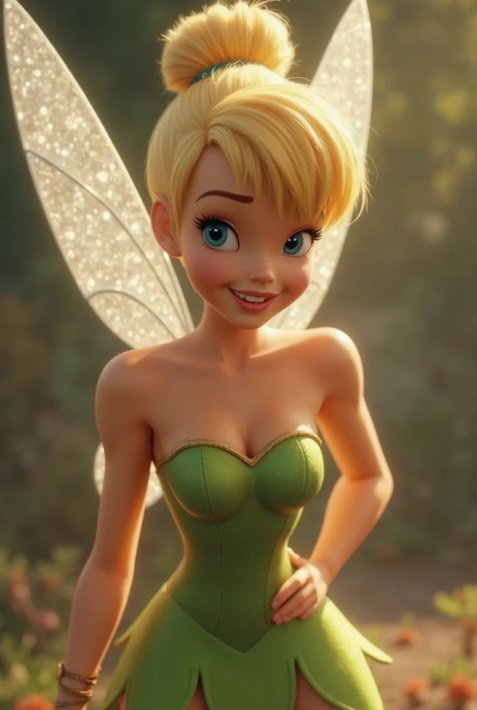 (masterpiece:1.4), (best quality:1.2), (photorealistic:1.37), ultra-detailed, highly detailed, 8K, (a realistic life-like picture of Tinkerbell), (wearing a green dress made out of large leaves), (transparent fairy wings:1.1) attached to her back, (blonde hair:1.2), (hair in a single bun on top of her head:1.2), (tidy hair), (pretty face:1.2), (very large breasts:1.8), (white skin:1.2), (((pixie wings on her back on both sides))), outdoors, On a tropical beach at night under a full moon, fireflies in the air, her wings are glowing with a soft green hue, smiling, flirting, viewed from a distance, (full body:1.5), hyper realism, 8k, vibrant colors, sharp crisp image