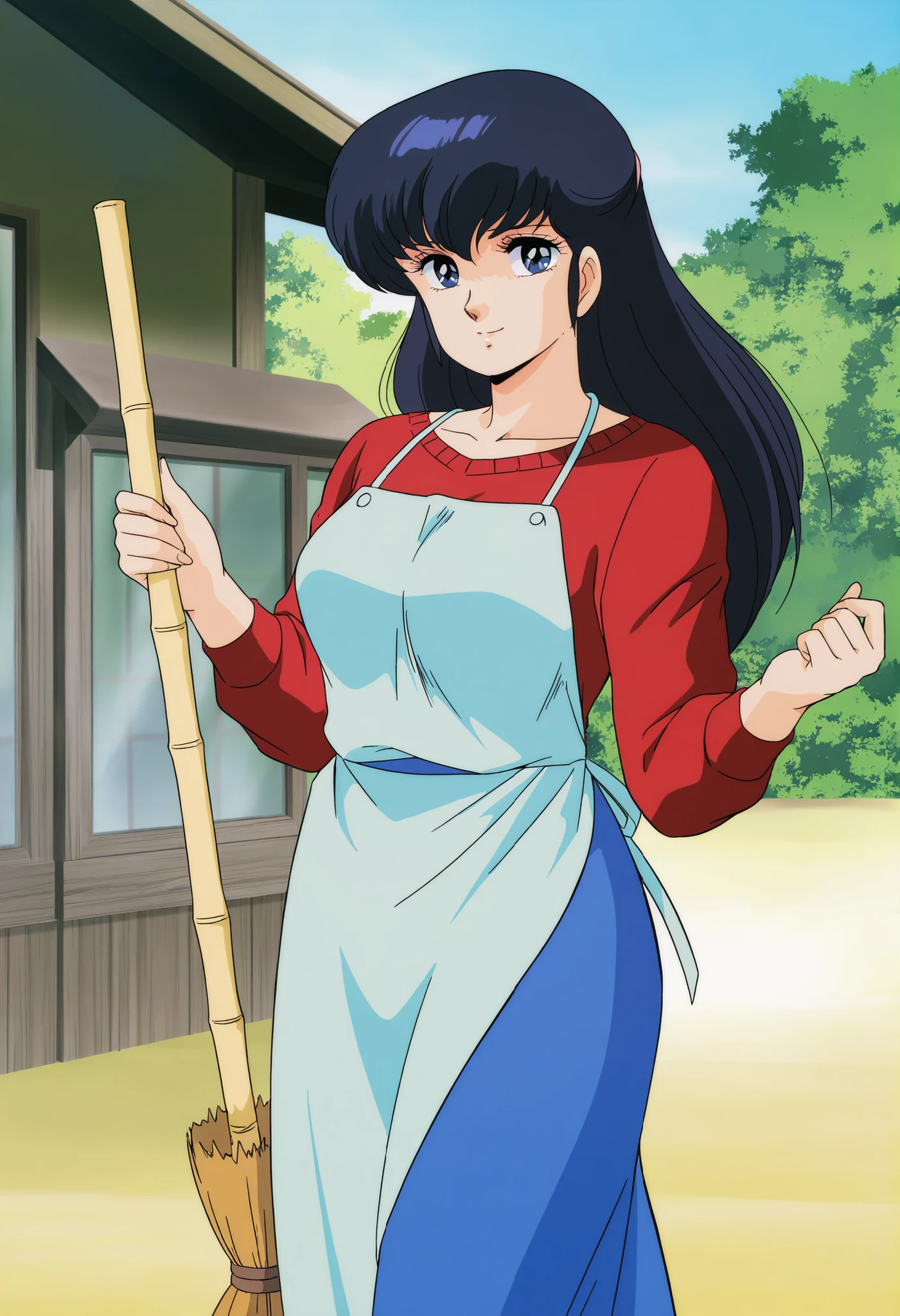 masterpiece, best quality, amazing quality, detailed background, perfect eyes, anime coloring, anime screenshot, 1980s \(style\), 1girl, solo, mature female, otonashi kyouko, black hair, long hair, , blue eyes, medium breasts, yellow shirt under red sweater, long sleeves, blue skirts, piyo piyo apron, holding broom, looking at viewer, smile, (outdoors)
