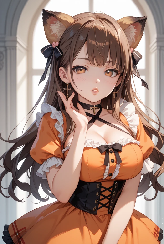 ((highest quality)),(Ultra-high resolution),(Very detailed),(Detailed Description),((The best CG)),(masterpiece),Highly detailed art,Amazing drawing art,(Art with exquisite detail:1.5), (Cat Ear Maid:1.7),(Red belt choker with bell:1.6),(Mini flare skirt:1.3)