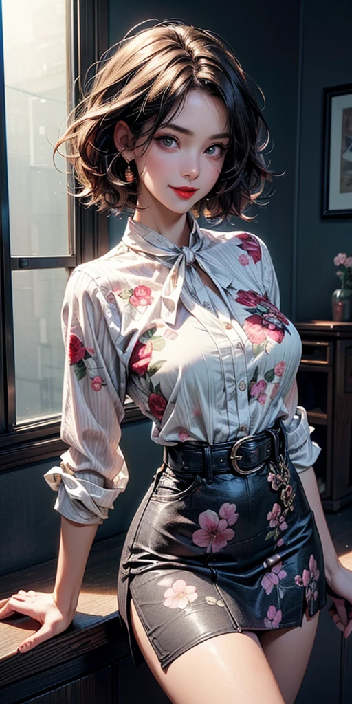 (absurd quality,8k,16k,highres,masterpiece:1.2),ultra detailed,UHD,(realism,photorealistic),(1woman:1.3 22-year-old), brown_eyes, ((Fujicolor, daytime soft lighting),fashion supermodel,(firm normal breasts),(perfect proportions),(anatomically correct),(curly green hair,(slicked to the two side),insanely Detailed),BREAK,white blouse,(red_apple printed on shirt:1.31),BREAK,(black skirt:1.4)