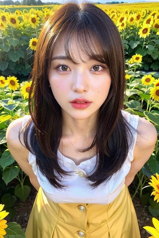 最high quality、high quality、Best image quality、8k,Sunflower print bikini,micro bikini,Sideboob:1.2、Underboob:1.2,smile、最High resolution、High resolution、最high quality、masterpiece、RAW Photos、whole body写真、Detailed and realistic human body、Detailed and realistic skin、Realistic face in every detail、Detailed and realistic eyes、Detailed and realistic lips、Detailed and realistic teeth、Detailed and realistic ears、Detailed and realistic hair、Detailed and realistic weapons、Realistic reproduction of every detail、Realistic fingers in every detail、(Beautiful Hands、thumb１reference４)、Realistic feet down to the last detail、((Beautiful Japanese Woman))、(Japanese Model)、((21 year old beautiful woman))、(Black Hair)、(Straight hair)、((whole body))、(Slim and perfect figure)、(whole body光沢肌、Fair skin)、Detailed and realistic human body、Detailed and realistic skin、Realistic face in every detail、Detailed and realistic weapons、Realistic fingers in every detail、Detailed realistic feet、Soft natural light、A 360-degree sunflower field、((standing in the middle of a field of sunflowers(A girl surrounded by sunflowers 360 degrees))、Poses to make your thighs look beautiful