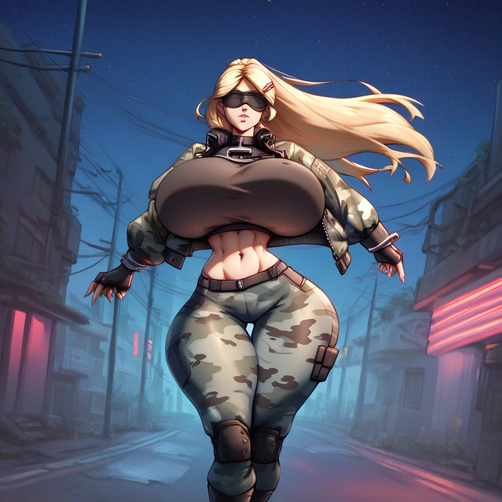 Perfect masterpiece, EXTREMELY DETAILED QUALITY RESOLUTION WALLPAPER CG UNITY 8K UHD, photorrealistic, offcial art, award-winning portrait, DYNAMIC PROFESSIONAL KINEMATIC LIGHTING, CRU photo, octane rendering, The most beautiful and sexy steampunk girl, very long and beautiful blonde hair, bangs straight, vibrant moonlight eyes, Long, detailed lashes, blushful, pink lips pouting, shiny realistic skin, super huge enormously gigantic , cleavage showing, gigantic explosion of your clothes, curvy body type, full hips, wearing highly detailed and sexy post-apocalyptic steampunk tactical gear and goggles, tons of tattoos and piercings, opening the legs, arching your back in a sexy pose, dynamic and seductive slutty, gazing at viewer, close up pov camera view from below, sexy facial expression, seductive and slutty, Metal fragments and debris blowing in the wind, Post-apocalyptic wasteland background
