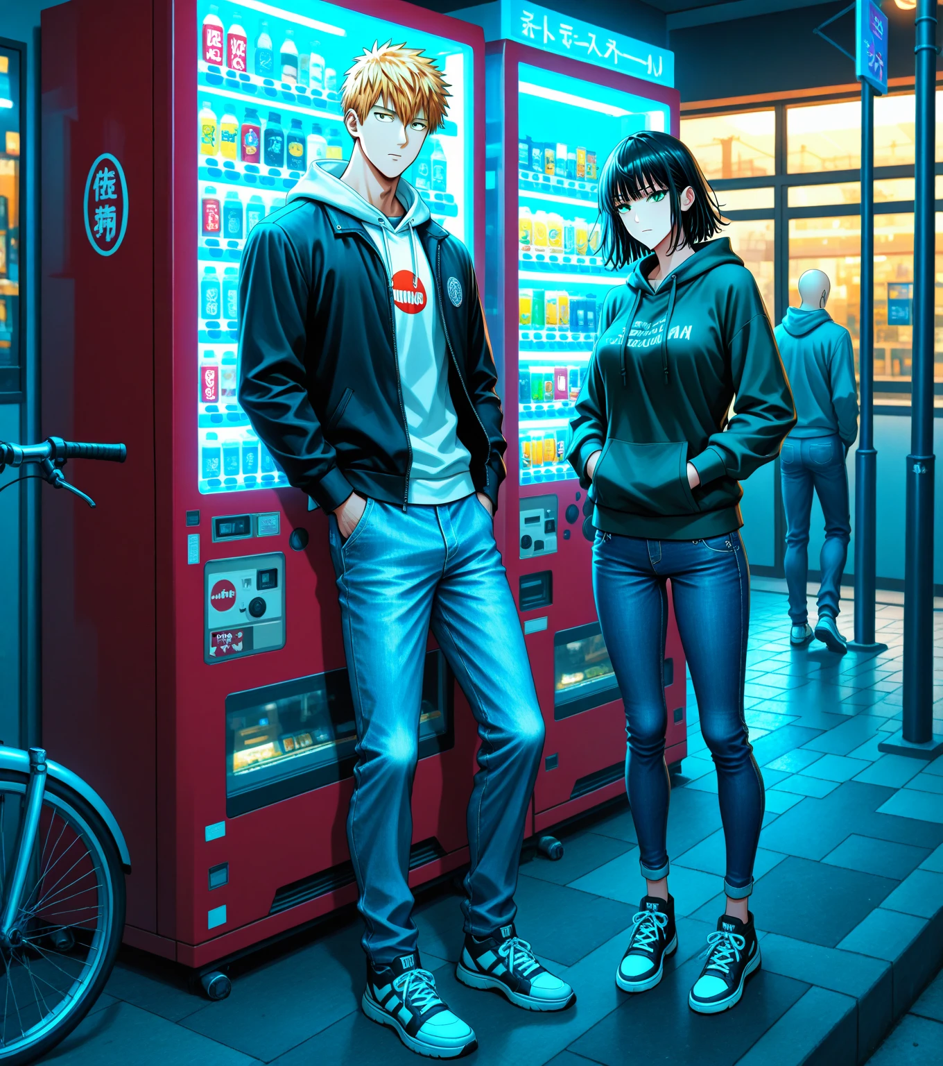 ((Masterpiece)), best quality, absurderes, ultra detailed, holographic, cowboy shot, golden ratio, super cute girl, mature girl, idol girl, super beautiful asian girl with very beautiful violet glowing eyes, beautiful glowing brown multicolored hair, high ponytail, nice and sexy body, slim body, perfect body, wearing a super tight anime printed leotard, an anime printed super tight off shoulder long sleeve crop top, a super aesthetic transparent mini jacket, beautiful hair ornament, pink jordan tennis, being photographed in a mall shop, with her handsome skinny boyfriend, with black messy glowing hair and super casual clothing