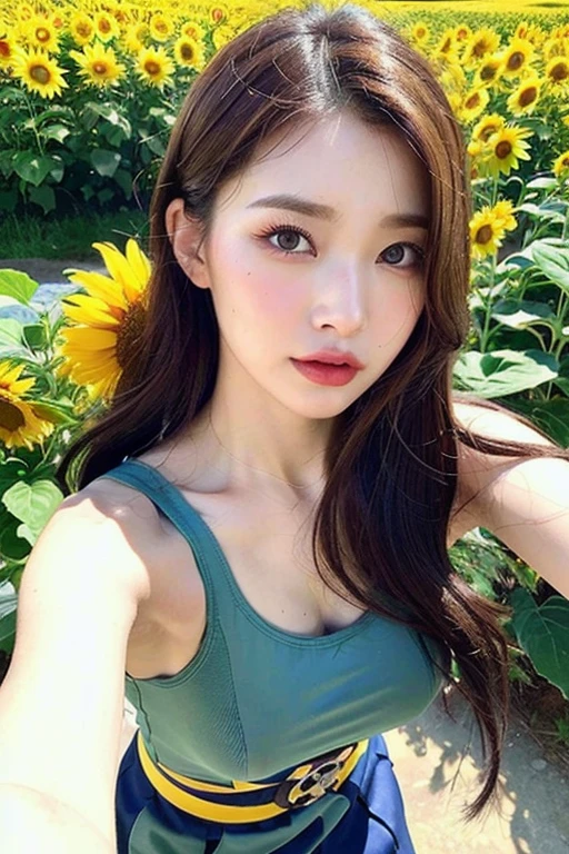 (18-year-old girl and one lover), (Colossal tits:1.3), ((Grab the viewer's hand)), Sunflower field in the background、White silk micro bikini with floral pattern、On a towel、(master piece: 1.3), (max resolution: 1.4), (UltraHD: 1.2), cinematric light, UltraHD, (Detailed eyes and skin), (detailed facial features), nffsw, 8K分辨率, Perfect Style, Beautiful expression、Highly detailed facial and skin texture、A detailed eye、二重まぶた、Glitter Eyeliner:1.2、thin cheeks、shinny skin、fair white skin:1.2、shiny little necklace and earrings,、shiny lip:1.2、((FULL BODYSHOT:1.2))、((From a very intimate distance:1.2))、(Layered Hair Style、dark brown hair)、medium-Long hair、(A very seductive smile:1.2)