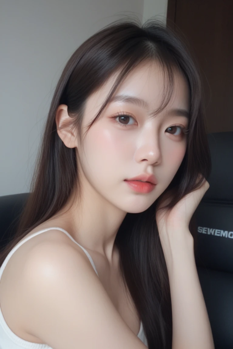(1 Korean star with royal sister style), ((best quality, 8k, masterpiece: 1.3)), focus: 1.2, perfect body beauty: 1.4 , (funny expression), (night street: 1.3), highly detailed face and skin texture, fine eyes, double eyelids, whitened skin, (air bangs: 1.3), (round face: 1.5), (thin strap top: 1.4),
