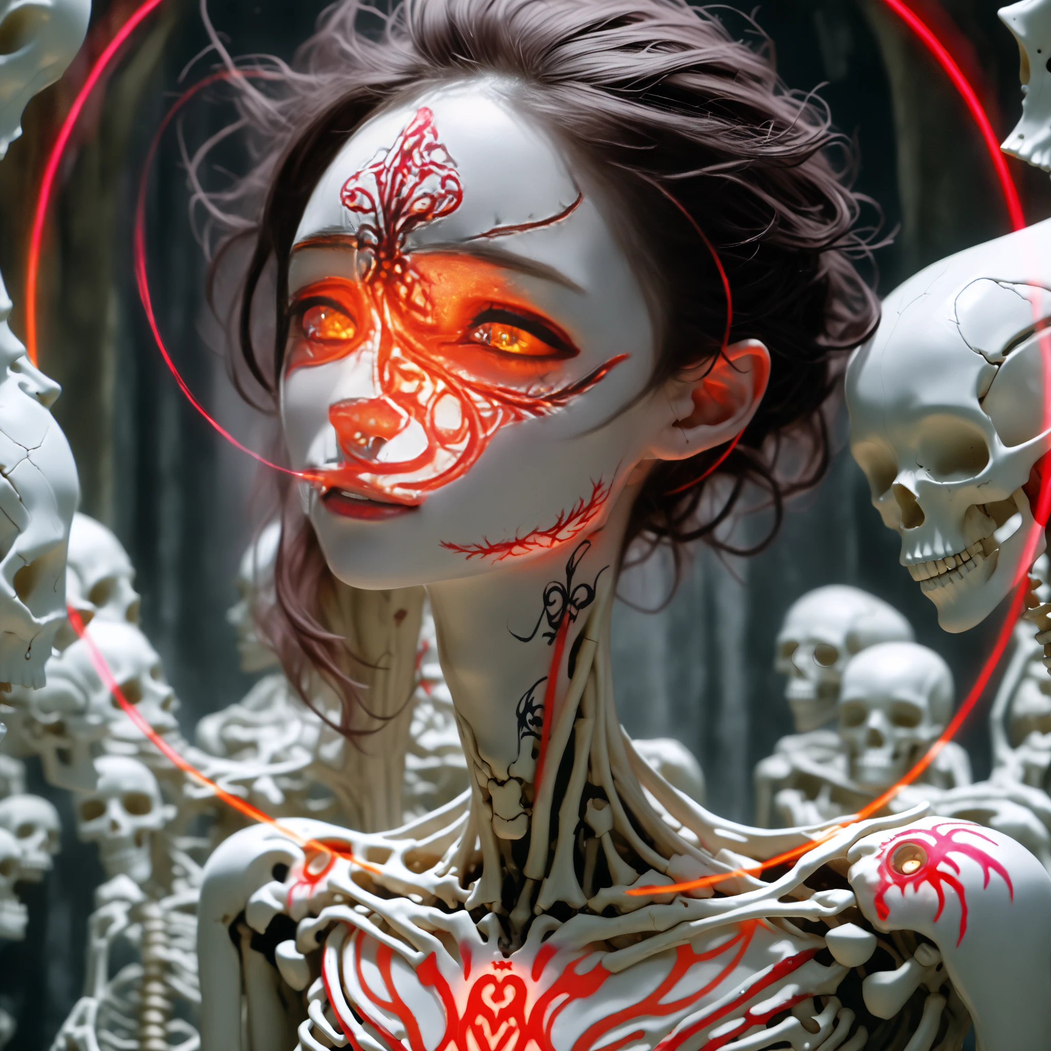 (Masterpiece, photorealistic, photorealism, best quality, ultra-detailed:1.3), (nice hands, perfect hands), official art, cinematic light, (1girl:1.3), adult, body art, hyper realistic eye, black, red, white, abstraction, sculpted, shading, porcelain skin, bold, multidimensional, deep fractal, rocco etched shapes, skin, dark, silver, intensity