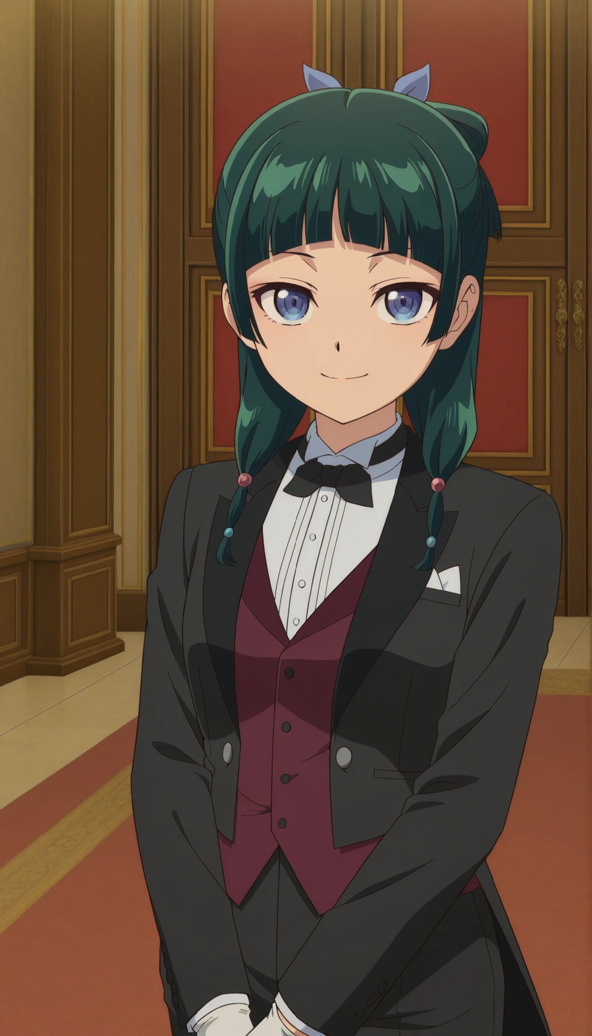 Maomao, green hair, blue eyes, orgment hair,anime coloring, tuxedo tailcoat, butler, pants ,, woman in a formal suit,she's looking at the camera with a calm smile,,, indoors,smile,, gloves ,masterpiece,best quality,amazing quality, ,,reaching at viewer,,,,