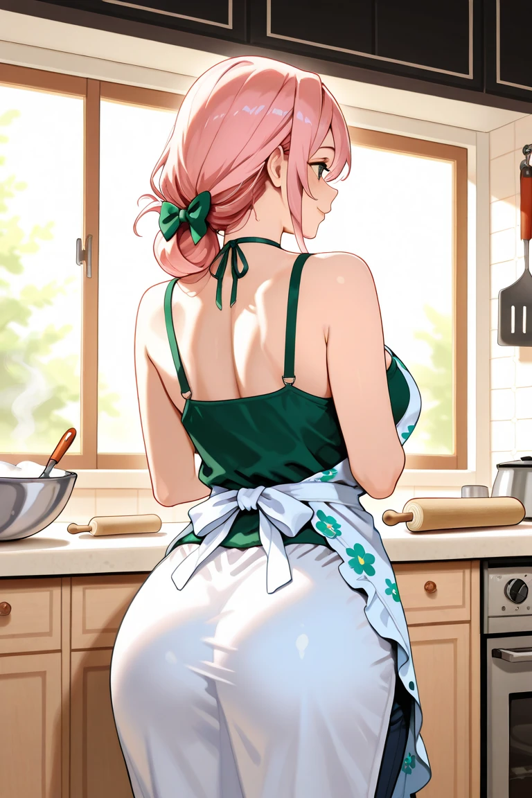 Busty girl with a baby face, with an apron