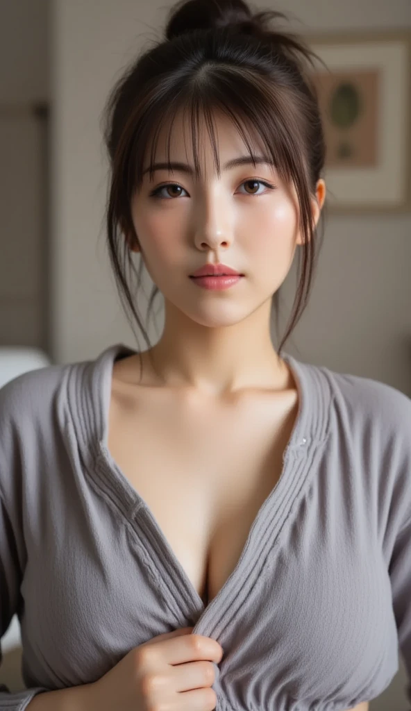 ((Highest quality, 8k, masterpiece :1.3)), One girl, Beautiful woman with slim abdominal muscles :1.3, (Random Hairstyles, Huge breasts :1.2), Casual clothing :1.2, indoor, Highly detailed face, Fine grain, double eyelid、Japanese women