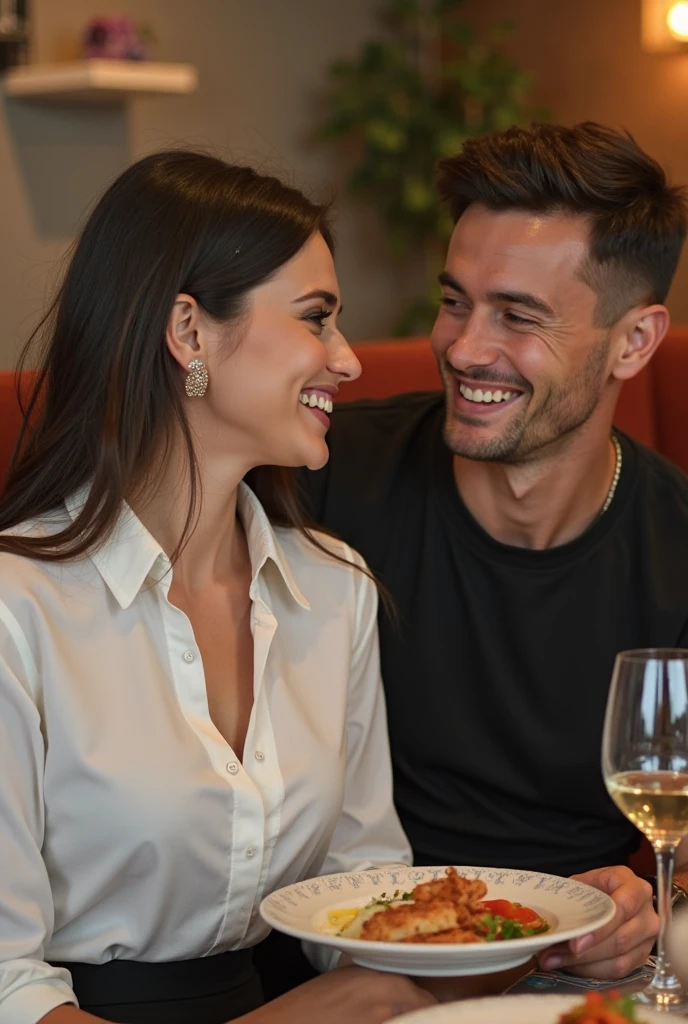 Handsome European man and beautiful 30-year-old European girl, laughing, sitting at an open air cafe