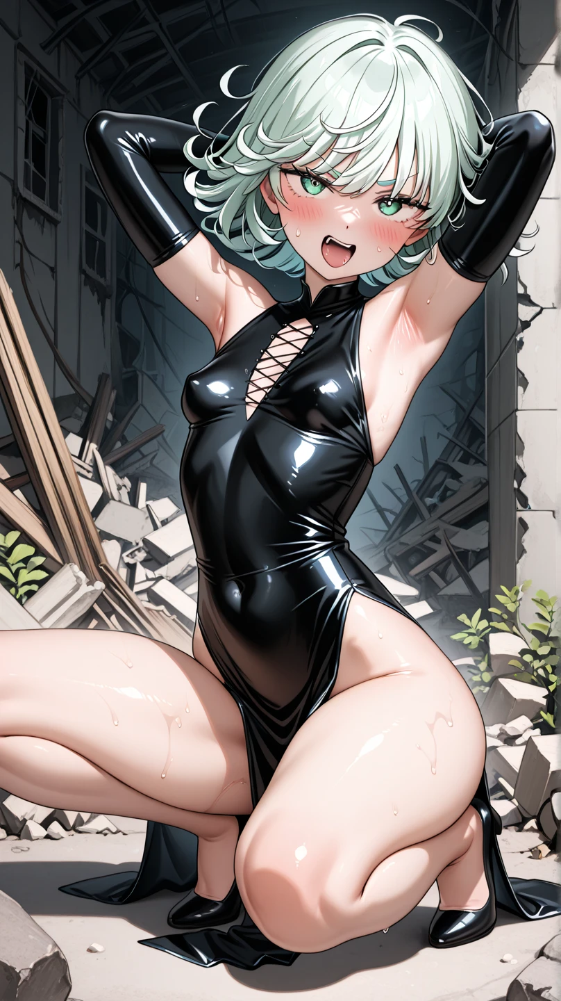 NSFW, (girl),((optimal quality)), ((Masterpiece)), (A detailed: 1.4),face red,perspire,showing niples, fully naked,The ultimate masterpiece,(fidelity:1.2),(sexy),open air bath, (Huge chest), Open crotch, Open legs, (Smooth: 1.1), (Cutes: 0.9), (shiny: 1.1). Green short hair, slim waist, showing ass from behind, red lips, green eyes, lust face, tatsumaki from one punch man, naked, cute pose
