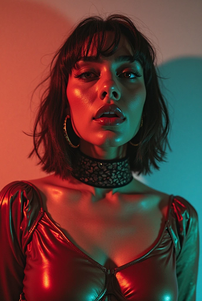 Pop music female artist, female, sassy,Hispanic/ Black, 30 years young, perfect face, sassy, bossy, seductive, (hyper realistic disposable camera look)