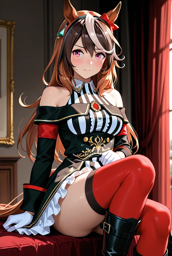 ((masterpiece)), (((best quality))), 1girl, sweetlip, black outfit, navel, white thighhighs, elbow gloves, gloves, high heels, skirt, pink panties, sitting on sofa <lora:Sweetlip-08:1>