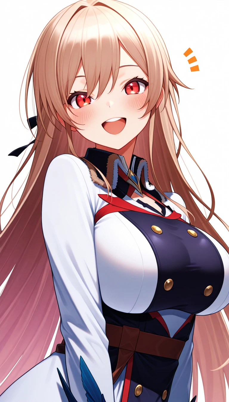 alisa reinford,side ponytail,sen3alisa,scrunchie,choker,white jacket,white dress,red belt,indoor room,light smile,(large breasts:1.5),shiny,hair,((solo)),((masterpiece)),((best quality)),perfect anatomy,slim waist,perfect image,8k UHD,(beautiful detailed eyes:1.5),extremely detailed face,standing,(upper body:1.1),(look at the front:1.1),arms behindback,ultra-detailed,absurdres,highres,(shiny hair),(red eyes:1.2),blonde hair,cleavage,