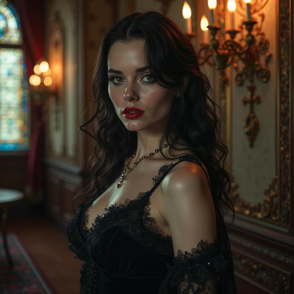 Evil young queen with long red fingernails and black dress with neckline loses her power 