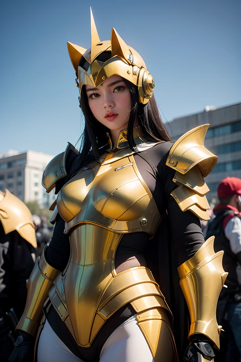 A person wearing an intricate and futuristic cosplay armor inspired by ...