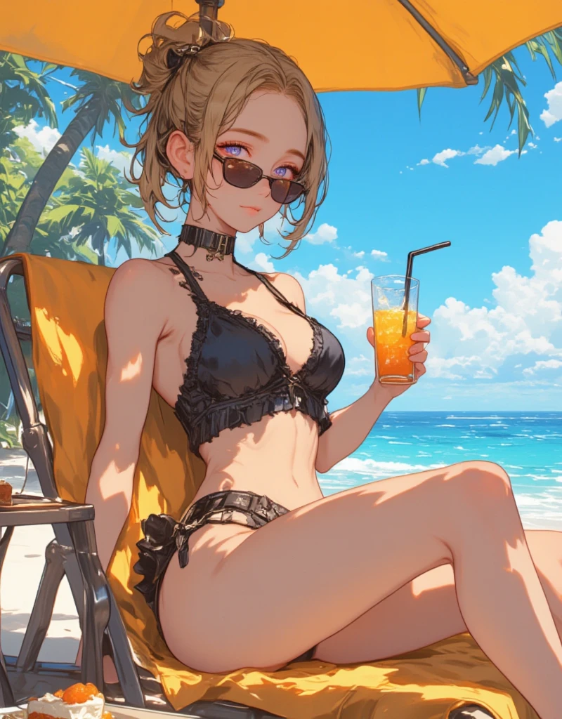 2hands, 2legs, young girl, blonde hair, blue eyes, 18 years old, large breasts, medium length hair, tattooed arms, black tattoos, piercings in face, , black bikini, black bikini thong, black bikini bra, smiling, looking at viewer, blushing, holding beer cup, beach, 4k, masterpiece, absurdres, highres