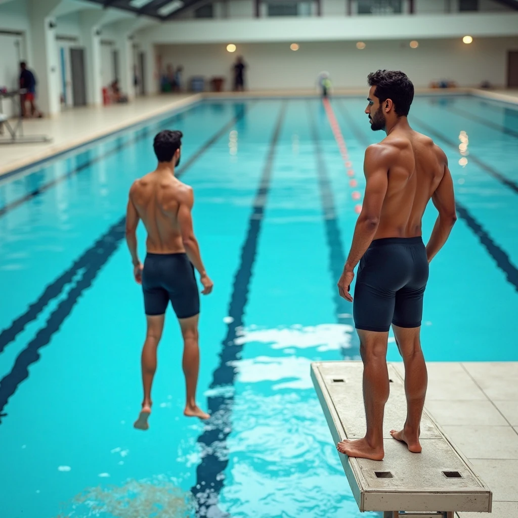 se ven las piernas de un chico caminando al lado de la piscina